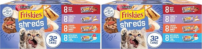 Friskies Purina Gravy Wet Cat Food Variety Pack, Savory Shreds with Beef, Turkey and Cheese Dinner, Chicken & Salmon Dinner, with Ocean Whitefish & Tuna - 5.5 oz. Cans (Pack of 64)
