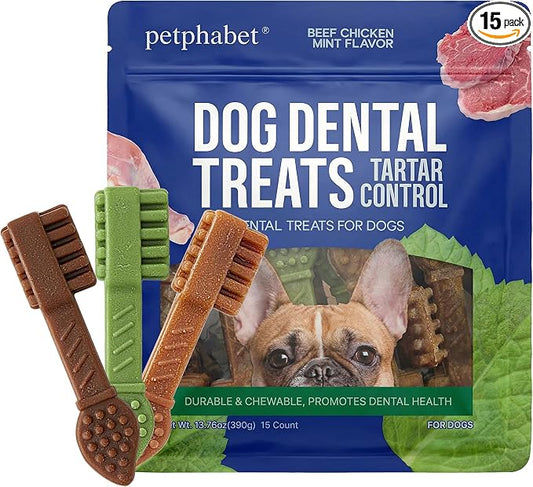 PETPHABET Dental Chews for Dogs, 3 Flavor Dog Dental Treats Fresh Mint Chicken & Beef Flavor for Medium Large Breed, Teeth Cleaning Chew Sticks for Bad Breath and Tartar Control, 15 Count Variety Pack