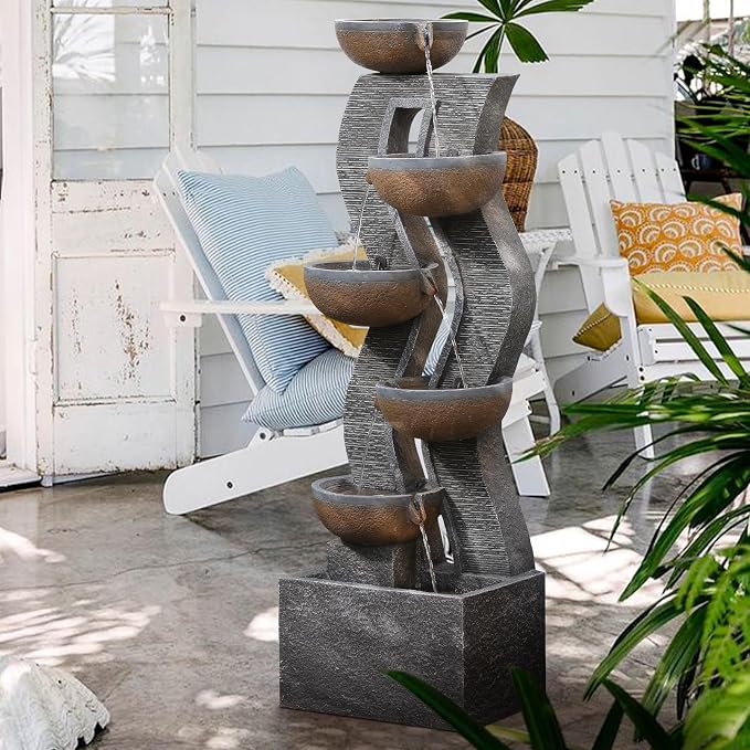 52.8" Tall Outdoor Water Fountain with Lights, 6-Tier Cascading Resin Waterfall Feature for Porch, Garden, Yard, Deck, Patio – Large Freestanding Outdoor Fountain and Waterfall Outside Decor