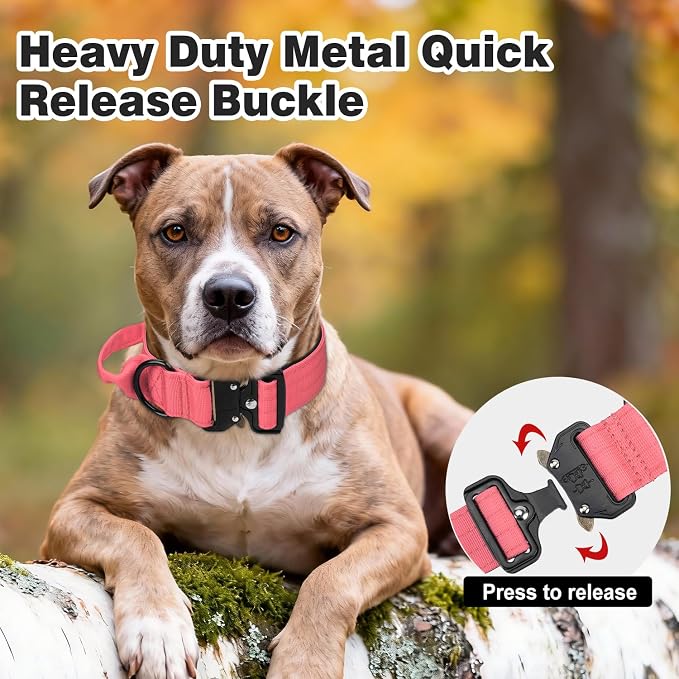 Joytale Tactical Dog Collar for Large Dogs with Control Handle, Heavy Duty Military Training Collar for Power Breeds, AirTag Holder Case, Quick Release Metal Buckle, Soft Padded, L, Pink