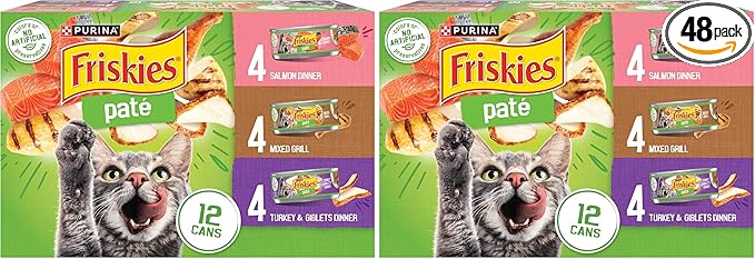 Friskies Purina Wet Cat Food Pate Variety Pack Salmon Dinner, Turkey and Giblets Dinner and Mixed Grill - 5.5 oz. Cans (Pack of 48)