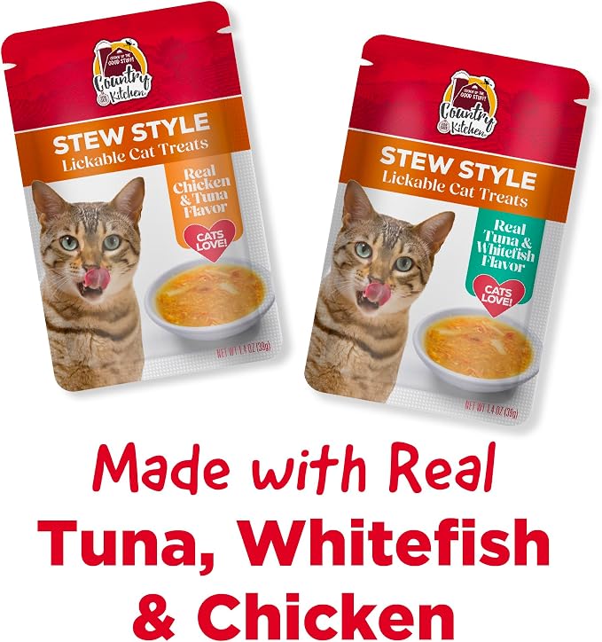 Country Kitchen Stew Style Lickable Cat Treats, 2 Flavor Variety Pack, Includes Tuna & Whitefish and Chicken & Tuna Made with Real Meat, 5 oz. Tubes, 12 Count