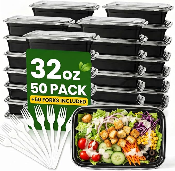 Meal Prep Containers with Lids 32oz-50 Pack & Free 50 Forks Individually Wrapped, Disposable Food Storage Containers BPA Free, Leak-Resistant, Microwave & Freezer Safe for Salad,Lunch,Take out,Togo