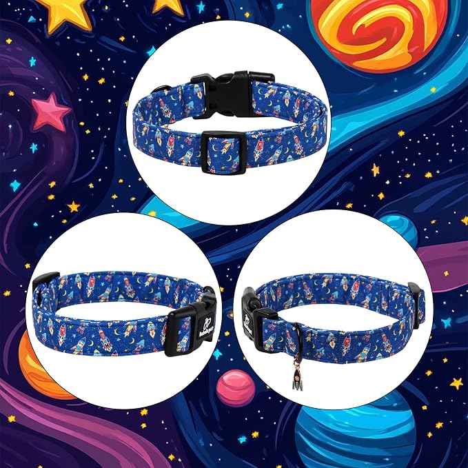 Boy Dog Collar Cute Rocket Space Dog Collars for Large Dogs - Lightweight Adjustable Cute Male Dogs Everyday Collar with Safety Buckle L