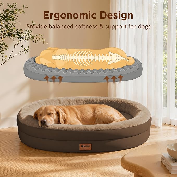 Orthopedic Dog Bed for Large Dogs, Waterproof Dog Bed for Large Size Dogs with Bolsters, Egg Crate Foam Sofa Bed with Washable Removable Cover & Non-Slip Bottom, Coffee