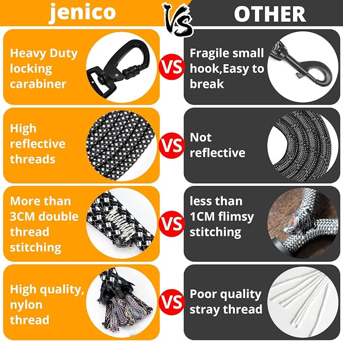jenico Long Dog Leash 15FT: Heavy Duty Rope Leashes for Dogs Training with Swivel Lockable Hook Reflective Threads Bungee and Padded Handle - Dog Lead for Large Small Medium Dogs