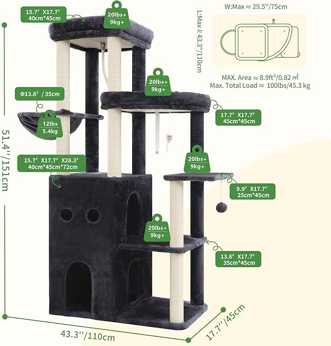 Heybly Cat Tree, 59.4" Secure Anti-Tip Cat Tower for Large Cats, Spacious Cat Furniture with Dual-Tier Cat Condo, 2 Top Perches, Hammock and Sisal Scratching Posts, Smoky Gray HCT055G
