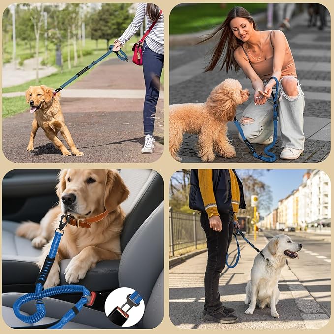Heavy Duty Tactical Dog Leash, 4-6FT Shock Absorbing Bungee Lead with 2 Padded Handles, Metal Carabiner & Seatbelt Clip, Reflective No-Pull Leash for Medium/Large Dogs (Blue)