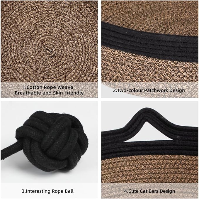 Cotton Rope Woven Cat Bed Basket, Hand Woven Cat Bed with Toy Tail, Small Dogs Sofa Bed, Pet Sleeping Bed Basket for Indoor Cats, Puppies, Rabbits (Large, Black & Brown)