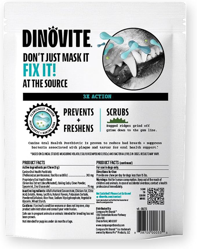 Dinovite Dental Chews for Dogs, Triple Action Dental Dog Treats for Extra Small Breeds, Clinically Proven to Prevent Plaque & Tartar While Freshening Breath, Fresh Mint Flavor, Made in USA, 60 Count