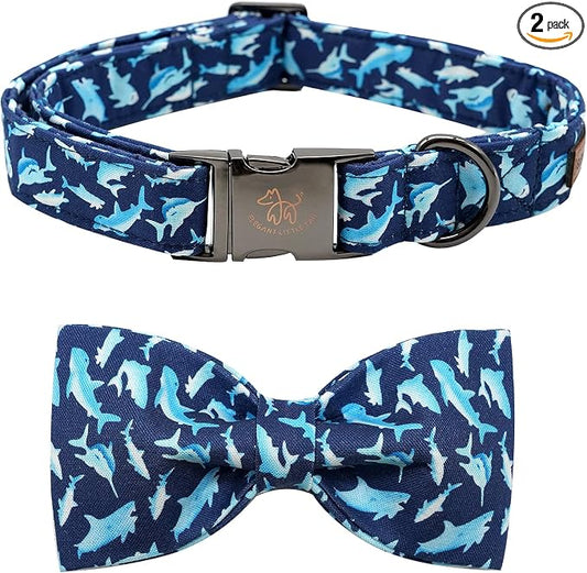 Elegant Little Tail Bowtie Dog Collar - Shark Print, Adjustable for Small Dogs