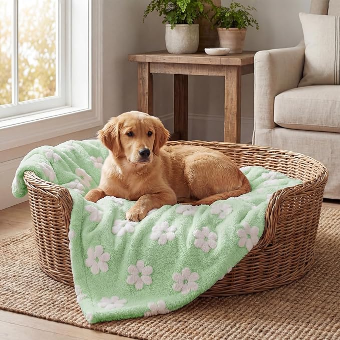Horaldaily Pets Flannel Blanket, Green Flowers 3D Textured Soft Fuzzy Fluffy Plush Cozy Fleece Premium Blankets for Dog Cat Puppy Kitten Couch Protection, 30x40