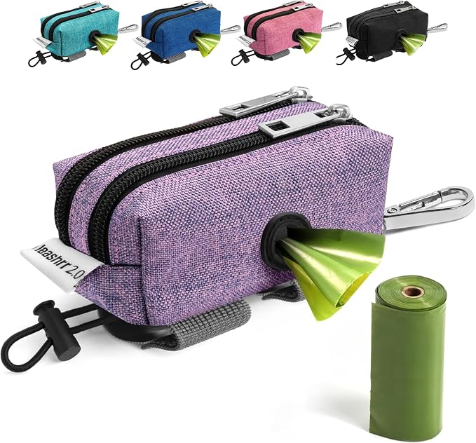 Dog Poop Bag Holder for Leashes - Dog Poop Bag Dispenser and Treat Holder with 2 Waterproof Pouches for Pet Waste Bags and Walking Accessories + 1 Free Roll - Leashrr 2.0 (Purple)