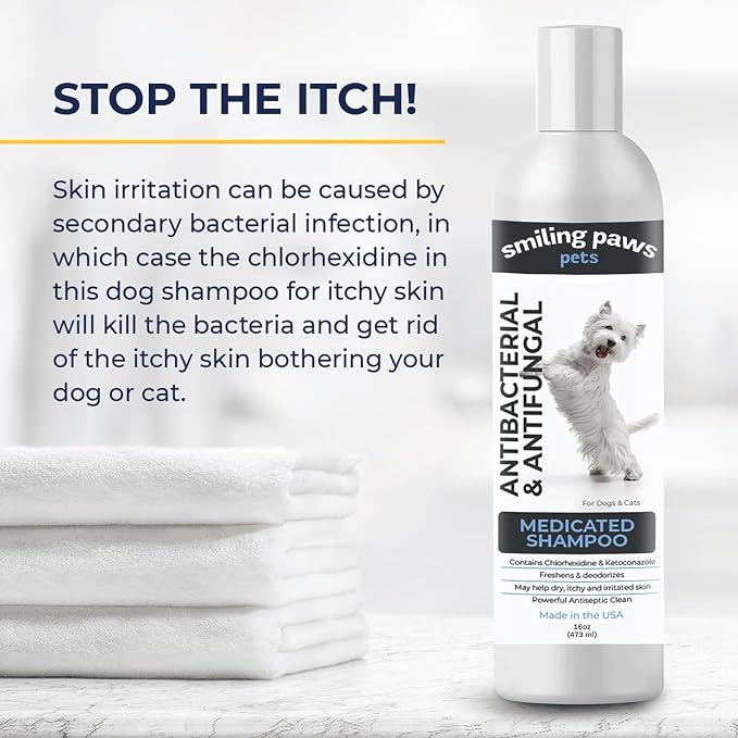 Smiling Paws Pet Medicated Shampoo for Dogs & Cats - Dog Shampoo for Smelly Dogs - Passionfruit Scent (16oz)