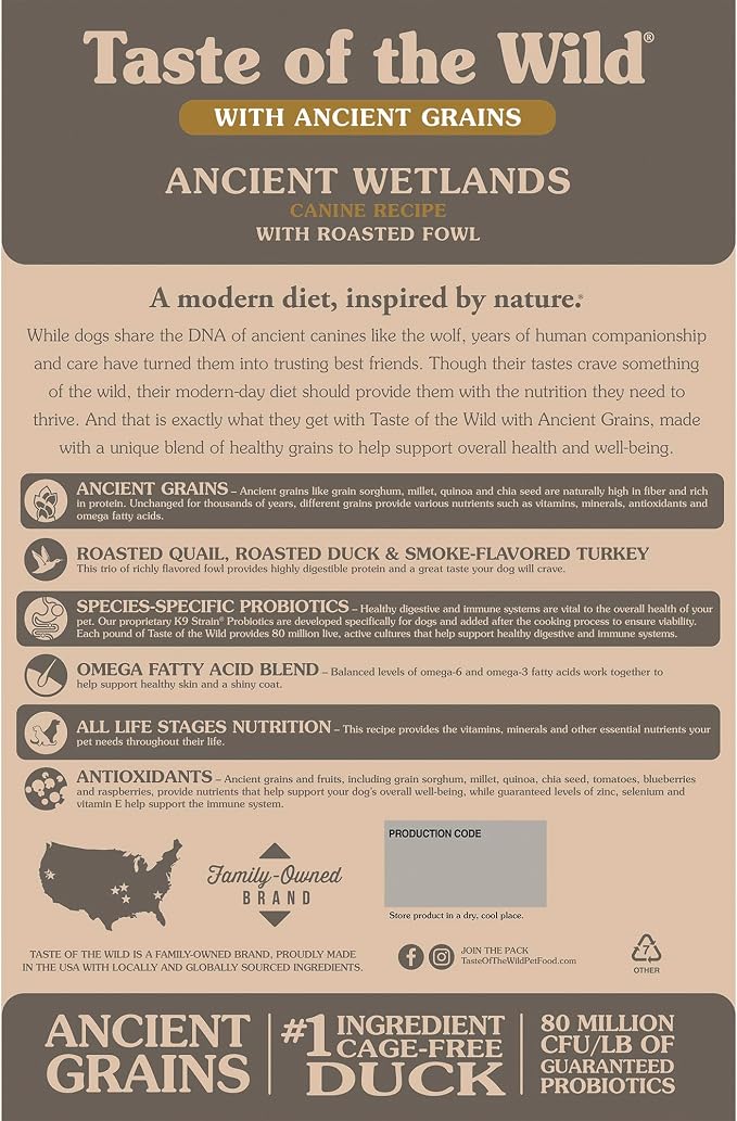Taste of the Wild Ancient Wetlands All Life Stages High Protein Recipe with Roasted Fowl & Ancient Grains Dry Dog Food 14lb