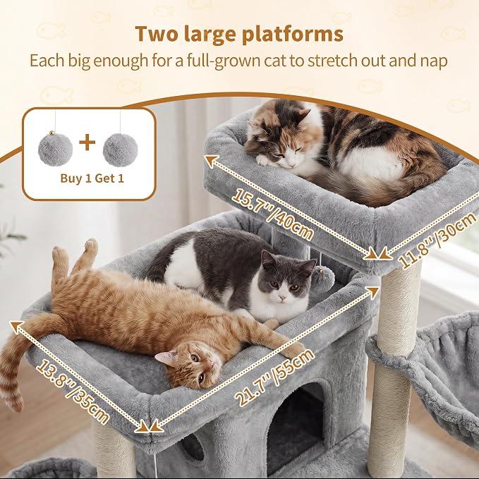 Heybly Cat Tree with Reinforced Big Base, 41.3-Inch Sturdy Cat Tower for Indoor Cats Featuring 2 Roomy Platforms, Double Cat Condo, 2 Cozy Baskets, Full Sisal Scratching Posts, Light Gray HCT075W
