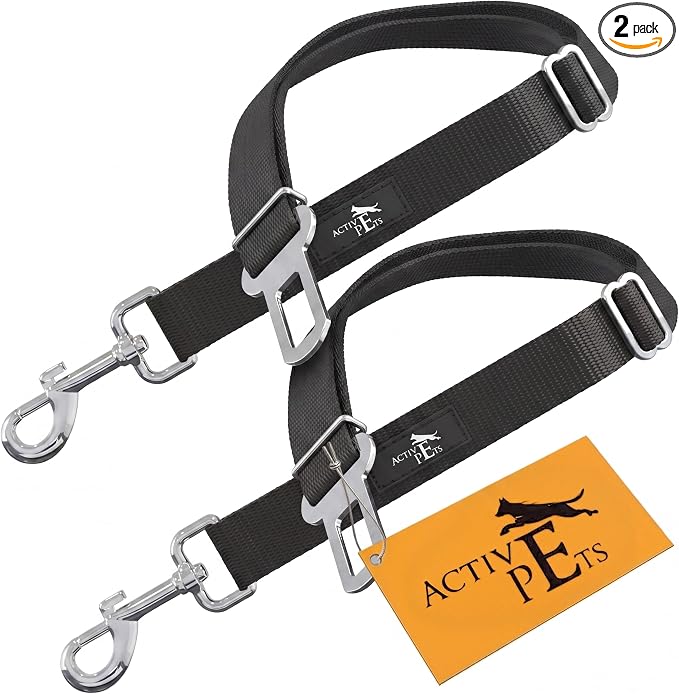 Active Pets Black Car Seat Belt for Dogs 2 Pack, Attaches to Harness & Collar, Adjusts 18" - 24" Safety & Comfort Travel Restraint System Fits Small - Large Pups, Seatbelt Pet Supplies & Accessories