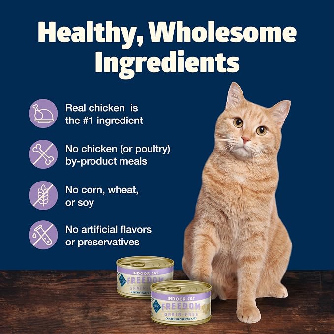 Blue Buffalo Freedom Grain-Free Adult Wet Cat Food, Complete & Balanced Nutrition for Indoor Cats, Made with Natural Ingredients, Chicken Recipe, 3-oz. Cans (24 Count)