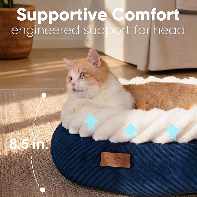 FUKUMARU Cat Bed, Calming Donut Dog Beds, Plush Faux Fur&Corduroy Kitten Beds, Cute Round Washable Pet Bed for Large Cats and Puppy, Cat Cave with Anti-Slip Bottom, 21inch, Blue