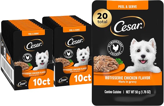 Cesar Filets in Gravy Wet Dog Food Rotisserie Chicken Flavor, Wet Food for Dogs, 1.76 oz. Mini-Pouches, 20 Count