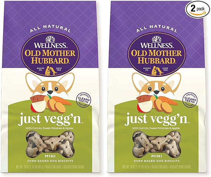 Old Mother Hubbard Wellness Classic Just Vegg'n Dog Biscuits, Natural Training Treats, Sweet Potato, Oats, Apple and Carrot Flavor, Mini Size, 20 oz Bag, (Pack of 2)