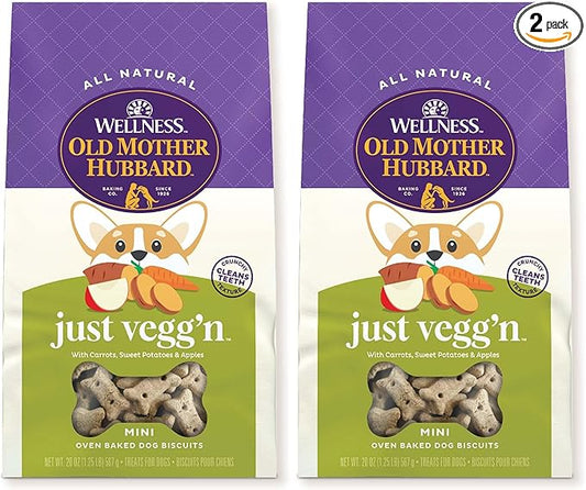 Old Mother Hubbard Wellness Classic Just Vegg'n Dog Biscuits, Natural Training Treats, Sweet Potato, Oats, Apple and Carrot Flavor, Mini Size, 20 oz Bag, (Pack of 2)