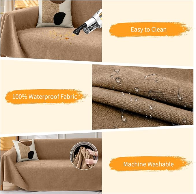 Deep Dream Cat-Scratch Resistant Couch Cover, Waterproof Sofa Cover for 3 Cushion Couch Washable, Pet Friendly Couch Protectors Anti Slip Thickened Sofa Slipcovers for Dogs Pets, 71" x 134", Brown