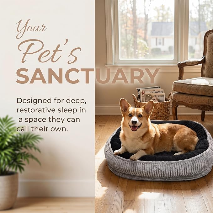 Calming Dog Bed for Medium Dogs 26"x19" - Orthopedic Washable Pet Bed with Anti-Slip Bottom, Indoor Soft Cat Bed with Removable Cover (Black)