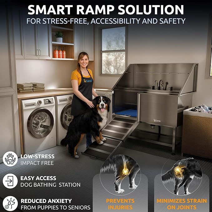 KANIS Professional Dog Washing Station 304 Stainless Steel Pet Wash Sink & Grooming Bathtub w/Shower, Floor Grates and Storage for Large, Medium & Small Pets (Silver, 50 Inches, Left Ramp, Shelf)