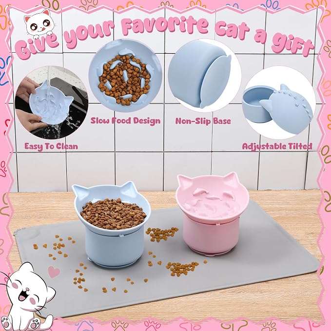 2 Pack Slow Feeder Cat Bowls Silicone Tilted Raised Pet Bowl with Non Slip Base for Digestion Anti Vomit, Pink, Blue
