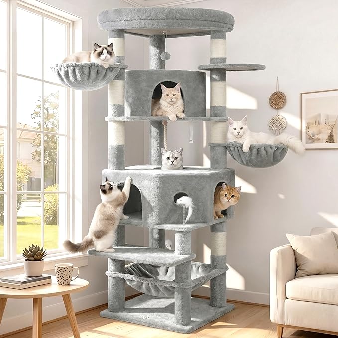 Cat Tree, 81.1" Skyward Corner Cat Tower for Large Cats with Diamond Hideout, Space-Smart Cat Furniture with Grand Platform, Firm Base, 3 Soft Hammock & Pet Relax Station, Light Gray VCT031W