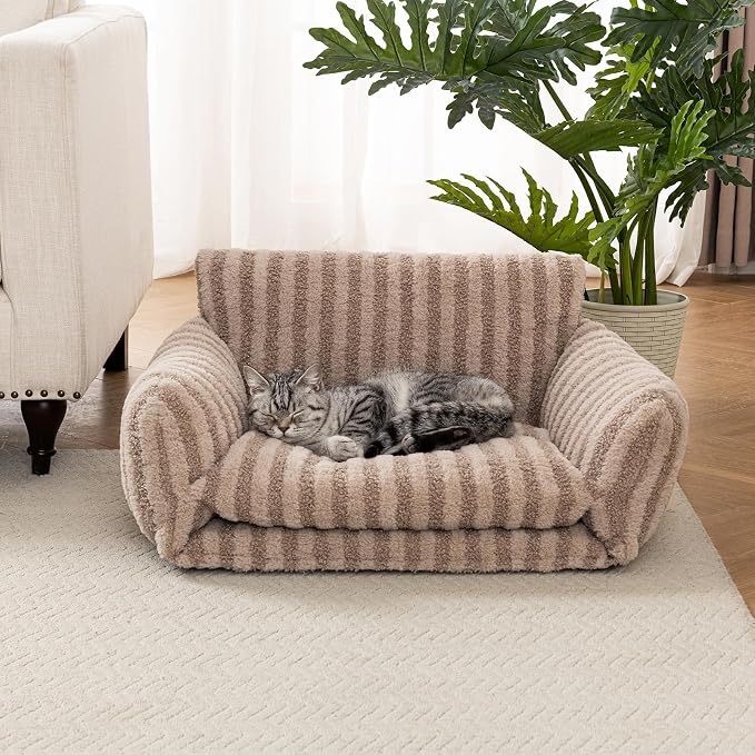 Hollypet Cat Bed Fluffy Plush Multifunctional Double-Layer Machine Washable Soft Warming Kitty Pet Couch Orthopedic Nest Beds for Small Cats Kitten and Dogs up to 13lbs, Khaki(25x20x13 inch)