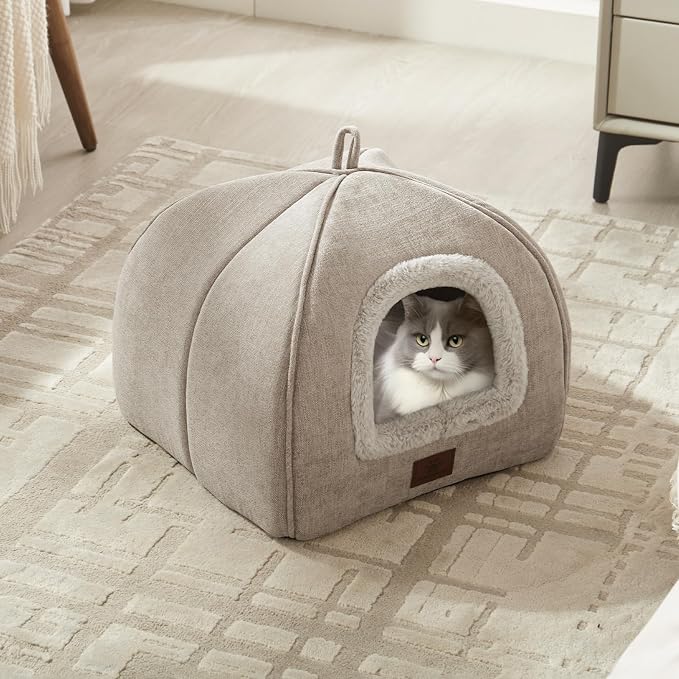 Cat Beds for Indoor Cats - Cat House Cats Tent with Removable Washable Cushioned Pillow, Soft and Self Kitten beds,Pet Bed(Large,Beige)