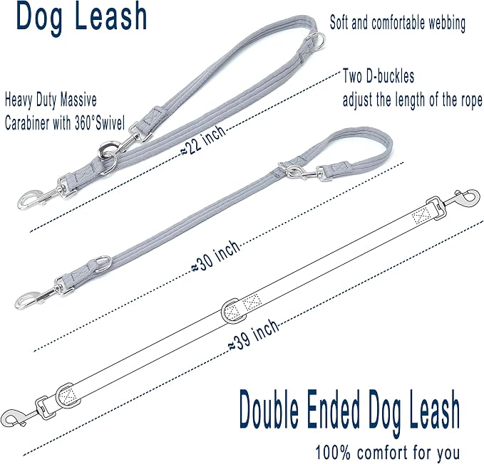 Double Ended Dog Leash,for Obedience Training Easy to Use,Lightweight,Soft for Large and Medium Dogs (Grey, 1M*2.5CM)