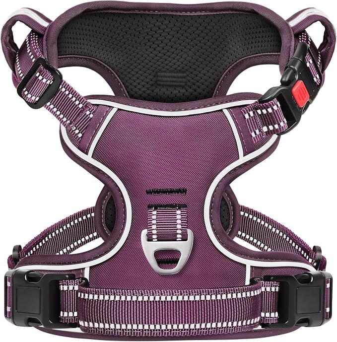 Timos Dog Harness Medium Sized, No Pull Pet Harness with Neck Lockable Snap, No Choke Front Clip Reflective Vest, Adjustable Metal Rings 3 Buckles, Easy Control Handle for Medium Dogs Grape Purple M
