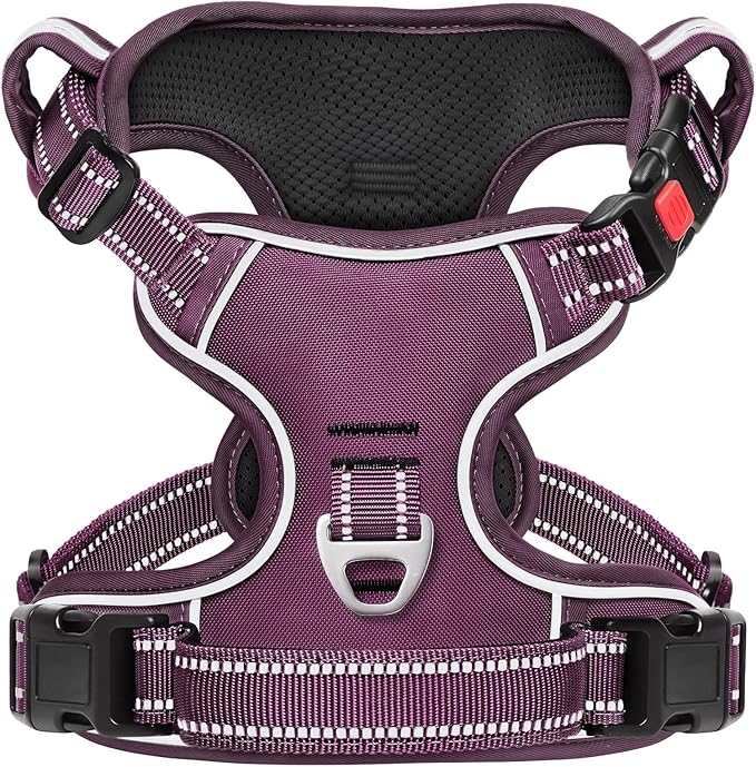 Timos Dog Harness Small Sized, No Pull Pet Harness with Neck Lockable Snap, No Choke Front Clip Reflective Vest, Adjustable Metal Rings 3 Buckles, Easy Control Handle for Small Dogs Grape Purple S