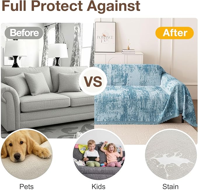 hyha Couch Cover for Dogs, Boho Sofa Covers for 3 Cushion Couch Washable, Chenille Sofa Slipcover for Pets, Soft Loveseat Sectional Couch Throw Blankets with Tassels (Blue/White, 71x118 Inch)