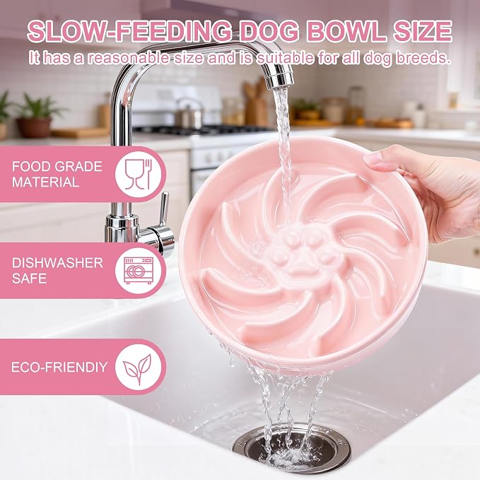 Ceramic Slow Feeder Dog Bowl, 3 Cup Dog Food or 25oz Water, Slow Eating Bowl for Middle Breed, Maze Puzzle Feeder for Fast Eaters, Anti-Choking Stop Bloat, Non-Slip BPA Free (Pink)
