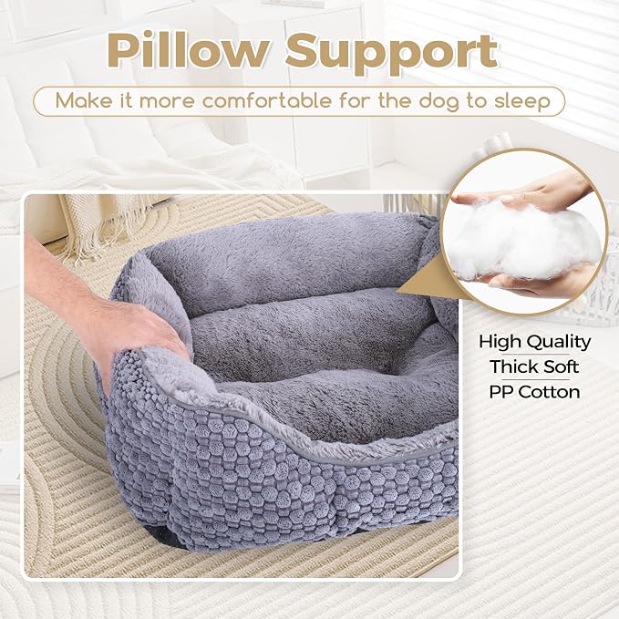 Plush Dog Bed Small, Dark Grey, Machine Washable, Dog Beds Sofa with Pillow Support, 20x19Inch, Corn Kernel Design, Non-Slip Bottom, Thick PP Cotton Padding