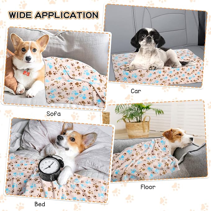 Rezutan Dog Blanket for Large Dogs, Upgraded 3 Pack Dog Cat Flannel Blankets Washable, Soft Pet Mat Throw Cover Suitable for Kennel Crate Bed, Cute Paw Pattern, Beige, 31" x 41"