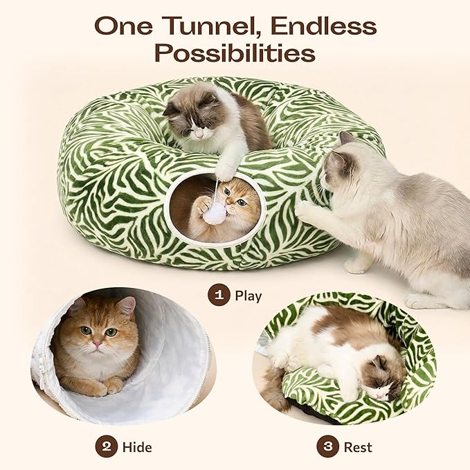 Meowfia Indoor Cat Tunnel with Donut Bed - Large Flexible Play Space for Multiple Pets - Circle or Snake Shape, Cozy Lounge (Jungle Nest)