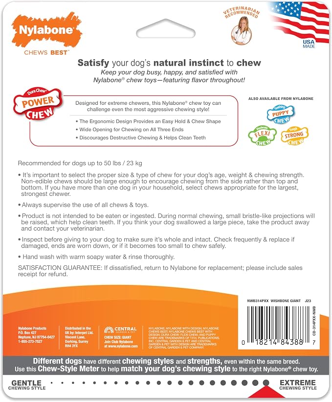 Nylabone Ergonomic Hold Wishbone Power Chew Toy for Dogs, Dog Toys for Aggressive Chewers, Bison Flavor, Large - Up to 50 lbs, 1 Count