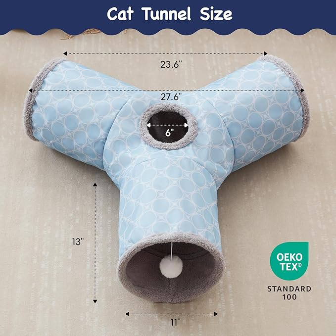 Tempcore Cat Tunnel for Indoor Cats, 3 Way Collapsible Pet Play Tunnel with Teaser Wand, Peek Holes & Hanging Ball, Interactive Tube for Kittens & Rabbits, Geometry Blue