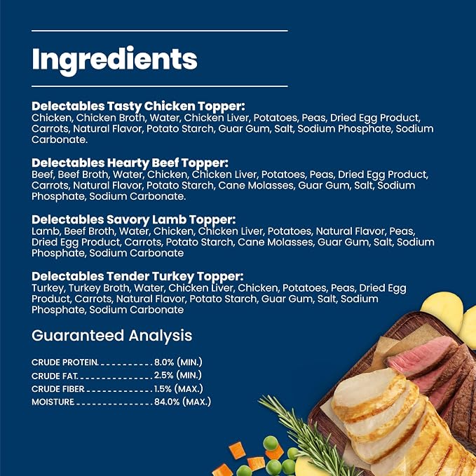 Blue Buffalo Delectables Variety Pack Natural Wet Dog Food Topper (Chicken, Beef, Turkey & Lamb) in Gravy with Natural Ingredients, Vitamins & Minerals, 3-oz. Each (24 Pouches)