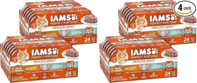 IAMS Perfect Portions Sensitive Digestion & Skin Wet Cat Food Pate, Healthy Adult Grain Free Pate, Chicken and Tuna Recipe, 2.6 oz. 12 Count (Pack of 4)