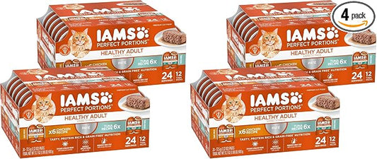 IAMS Perfect Portions Sensitive Digestion & Skin Wet Cat Food Pate, Healthy Adult Grain Free Pate, Chicken and Tuna Recipe, 2.6 oz. 12 Count (Pack of 4)