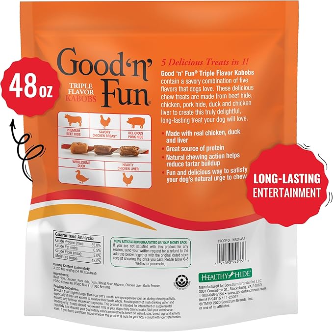 Good 'n' Fun Kabobs Long-Lasting Dog Treat, With Real Proteins, Beef Hide and Premium Chicken, Supports Dental Health, Mental Stimulation, 48 oz