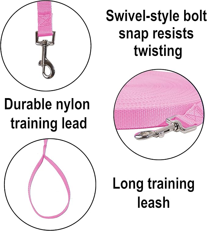 Hi Kiss Dog/Puppy Obedience Recall Training Agility Lead - 15ft 20ft 30ft 50ft 100ft Training Leash - Great for Training, Play, Camping, or Backyard - Pink 20ft