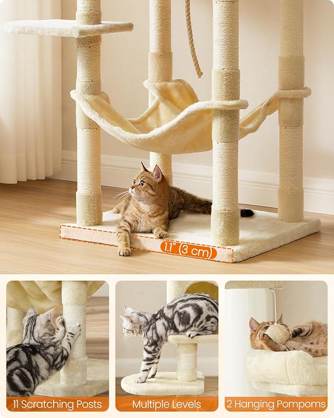 Feandrea Cat Tree, 55.8-Inch Cat Tower, Multi-Level Plush Condo with 11 Scratching Posts, 2 Perches, Hammock, Cave, Beige UPCT15BE