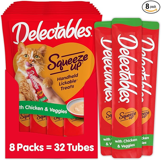 Delectables Squeeze Up Creamy Squeezable Puree, Lickable Wet Cat Treats, Grain Free, No Added Fillers, No By-Products, No Added Preservatives, 0.5 Ounces Chicken & Veggies, 32 Tubes Total